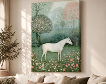 New England Farm with Horse Canvas Print, Foggy Summer Landscape Wall Art