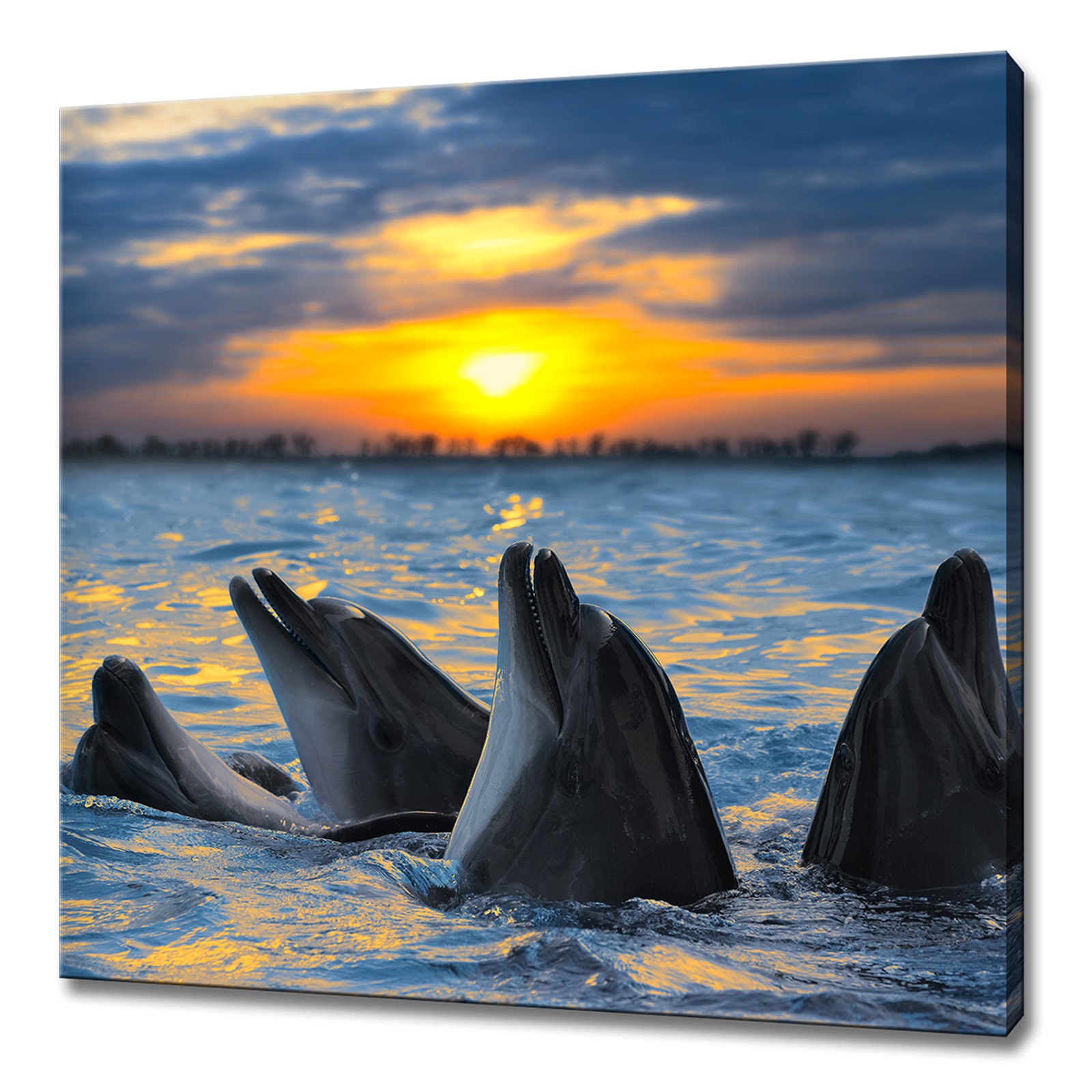 Dolphins Sunset Sea Canvas Art Print Wall Hanging Handmade Home Decor Customised Gifts Colourful Animal Wall Art Fast Free UK Delivery