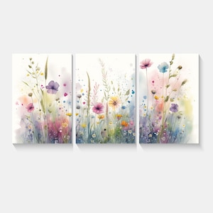 Pastel Wildflowers, Colourful Three Panel Floral Canvas Wall Art Set – Modern Triptych Print on Canvas – Gallery Wrapped & Ready to Hang
