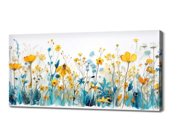 Teal Yellow Blue Beautiful Spring Wildflowers Field Meadow, Modern Design Floral Art Home Decor, Watercolour Flowers Canvas Print Wall Art