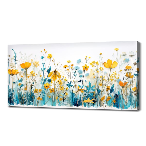 Teal Yellow Blue Beautiful Spring Wildflowers Field Meadow, Modern Design Floral Art Home Decor, Watercolour Flowers Canvas Print Wall Art