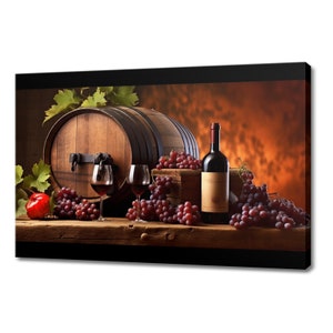 Vintage Bottle Of Red Wine Barrel Grapes Tuscany Winery Canvas Print, Wine Lover Gift, Kitchen Restaurant Wall Art Print, Wine Wall Decor