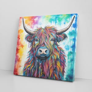 Colorful Highland Cattle Canvas Print – Vibrant Scottish Cow Wall Art – Bold Farmhouse Animal Decor for Rustic or Modern Interiors