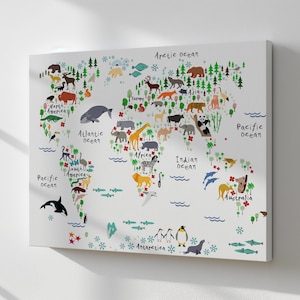 Wereldkaart canvas print, kinderkamer kunst aan de muur, op dieren geïnspireerd woondecoratie,