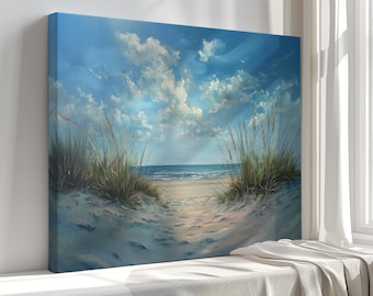 May include: A canvas print of a beach scene with a bright blue sky filled with fluffy white clouds. Tall, green sea grass frames a sandy path leading to the ocean. The artwork evokes a sense of peace and tranquility.