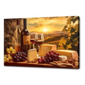 Vintage Flaschen Wein Käse Trauben Sonnenuntergang über der Toskana Leinwand Druck, Wein Liebhaber Geschenk, Küche Restaurant Wand Kunst Druck, Wein Wand Dekor