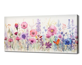 May include: Watercolor painting of a field of wildflowers in shades of pink, purple, and blue. The flowers are arranged in a horizontal row, with the tallest flowers in the back and the shortest flowers in the front.