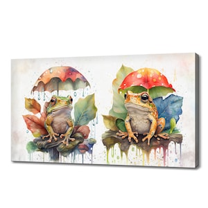 Two Frogs in Rain Wall Art Canvas Print Kids Room Decor Animals Handmade Wall Hangings Customised Gifts Fast Free UK Delivery