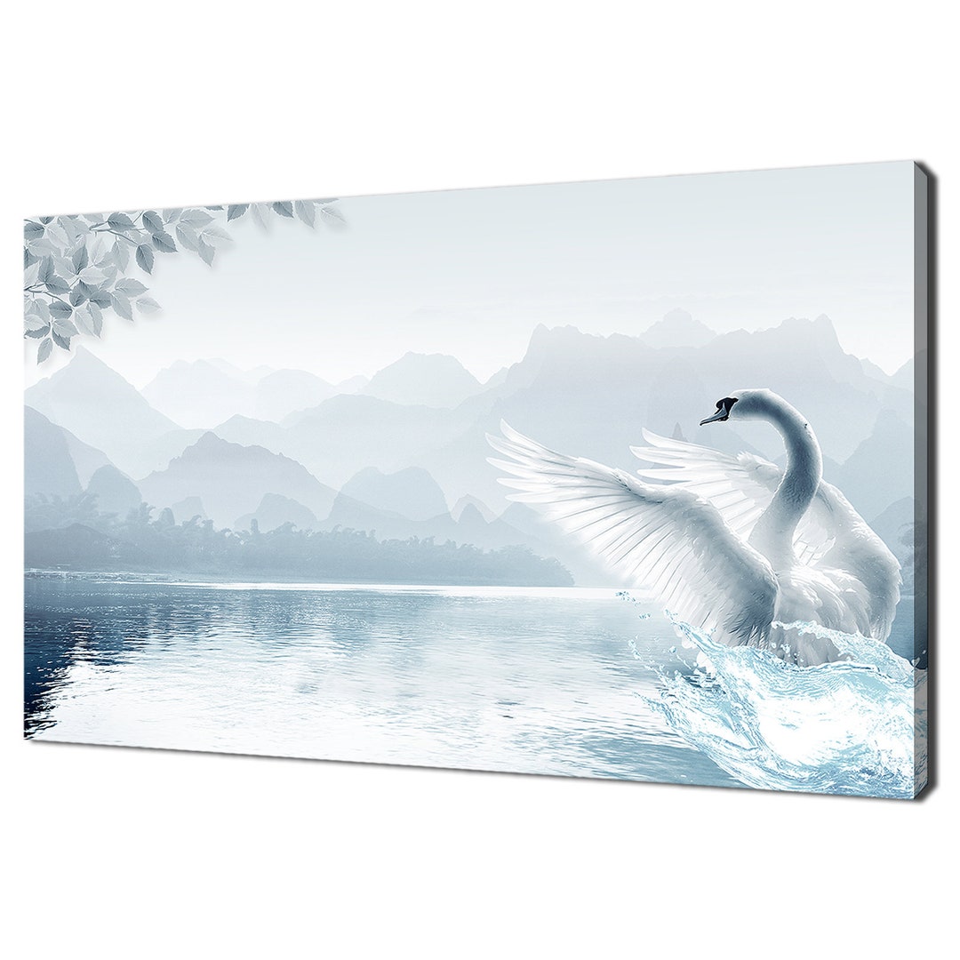 White Swan Bird in the Lake Wall Art Canvas Print Home Decor Colourful ...