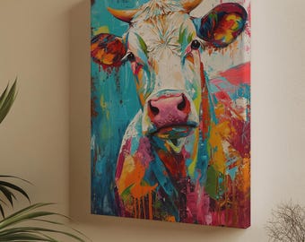 Colourful Cow Canvas Print Wall Art – Modern Farm Animal Home Décor