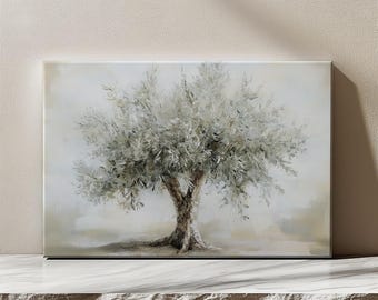 Green Olive Tree Vintage Oil Painting Canvas Print, Rustic Landscape Art, Living Room Wall Art, Farmhouse Decor Wall Art