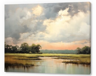 Cloud Above Lake Vintage Landscape, Antique Countryside Print, Moody Painting Canvas Print, Living Room Wall Art, Farmhouse Decor Art