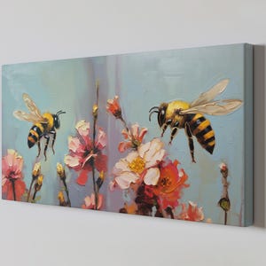 Bees and Wildflowers Canvas Print – Botanical Wall Art – Nature-Inspired Floral Scene for Cottage, Garden, or Rustic Decor