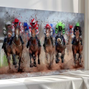 Galloping Jockeys Watercolor Canvas Print – Horse Race Wall Art – Dynamic Equestrian Scene for Sport-Inspired Home Decor