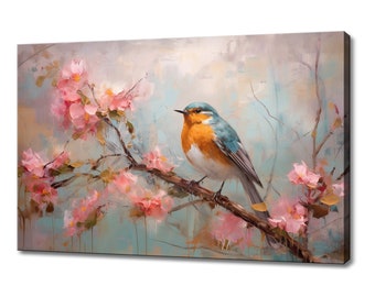 Beautiful Robin Bird Sitting On Pink Cherry Blossom Tree Canvas Print, Serene Spring Scene Art, Bird Home Decor, Nature Inspired Wall Art