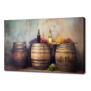 Vintage Wooden Barrels Of Wine, Brunches Of Grapes Winery Canvas Print, Wine Lover Gift, Kitchen Restaurant Wall Art Print, Wine Wall Decor