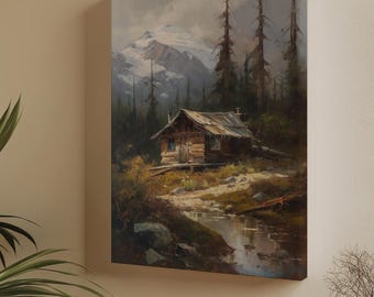 Cabin in the Wood, Vintage Autumn Landscape Canvas Print – Rustic Painting Reproduction Wall Art – Antique Style Cosy Home Décor