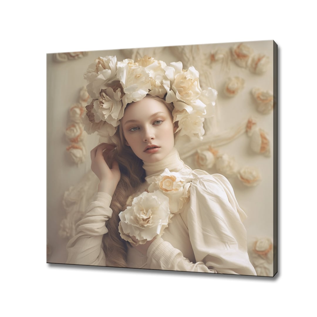 Cream White Roses Flowers Head Woman Canvas Print, Female Floral ...