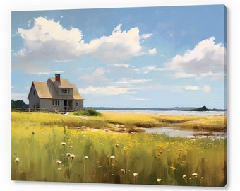 Vintage Country House By The Lake Landscape, Antique Countryside Print, Moody Painting Canvas Print, Living Room Wall Art, Farmhouse Decor