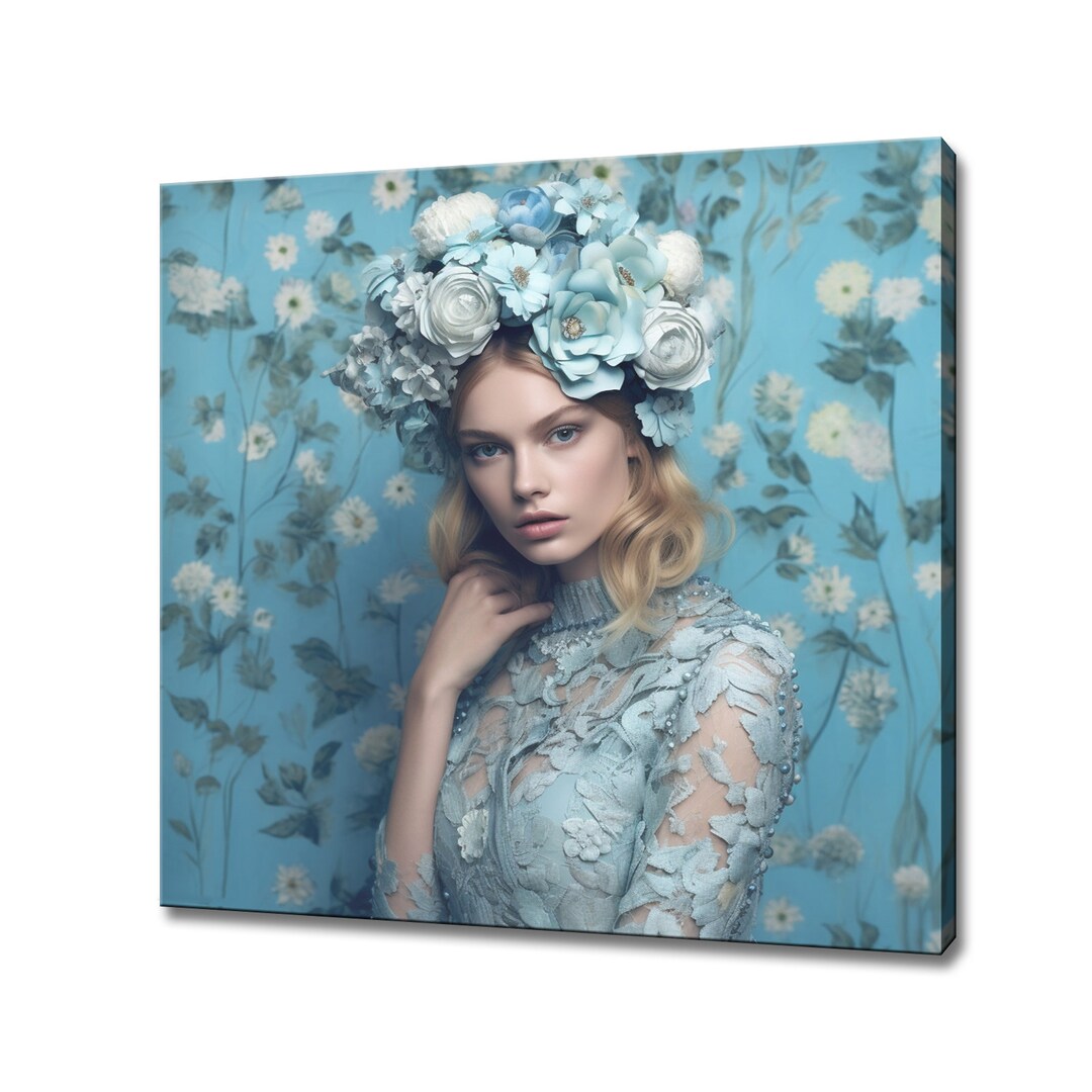 Powder Blue Flowers Head Woman Canvas Print, Female Floral Portrait ...
