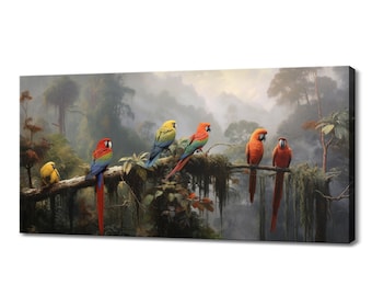 Colourful Parrots Birds In The Jungle Canvas Print I Birds Animals Wall Art | Gift For Parrot Lover | Animals Wall Art | Wildlife Home Decor