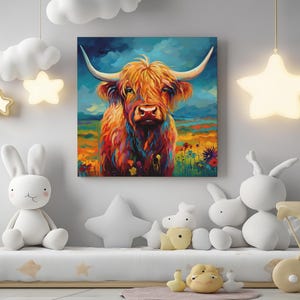 Colorful Floral Highland Cattle Canvas Print – Vibrant Scottish Cow Wall Art – Bold Farmhouse Animal Decor for Rustic or Modern Interiors