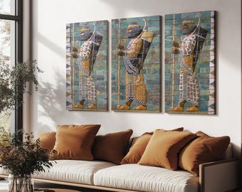 May include: Three framed wall art pieces depicting ancient figures in ornate attire. The figures are set against a backdrop of blue and green tiles. The artwork is displayed above a white sofa with several orange-brown throw pillows.