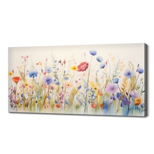 Beautiful Pastel Coloured Spring Wildflowers Field Meadow, Modern Design Floral Art Home Decor, Watercolour Flowers Canvas Print Wall Art