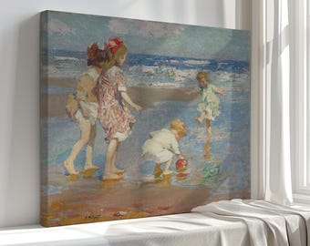 May include: A canvas print of a beach scene featuring four children playing near the water's edge. The artwork depicts a sunny day with soft colors, capturing the essence of childhood joy and seaside leisure. The children are wearing light-colored clothing.
