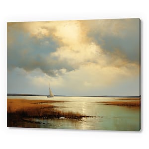 Boat At Sea Vintage Country Landscape, Antique Countryside Print, Moody Painting Canvas Print, Living Room Wall Art, Farmhouse Decor Art