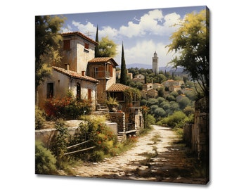 May include: A painting of a quaint, sun-drenched Italian village with a winding cobblestone path leading to a church with a tall bell tower. The houses are painted in warm tones of white and ochre, with terracotta roofs and lush green foliage surrounding them.