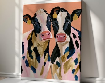 Colourful Cow Faces Canvas Print, Quirky Farmhouse Wall Art, Playful Cattle Artwork