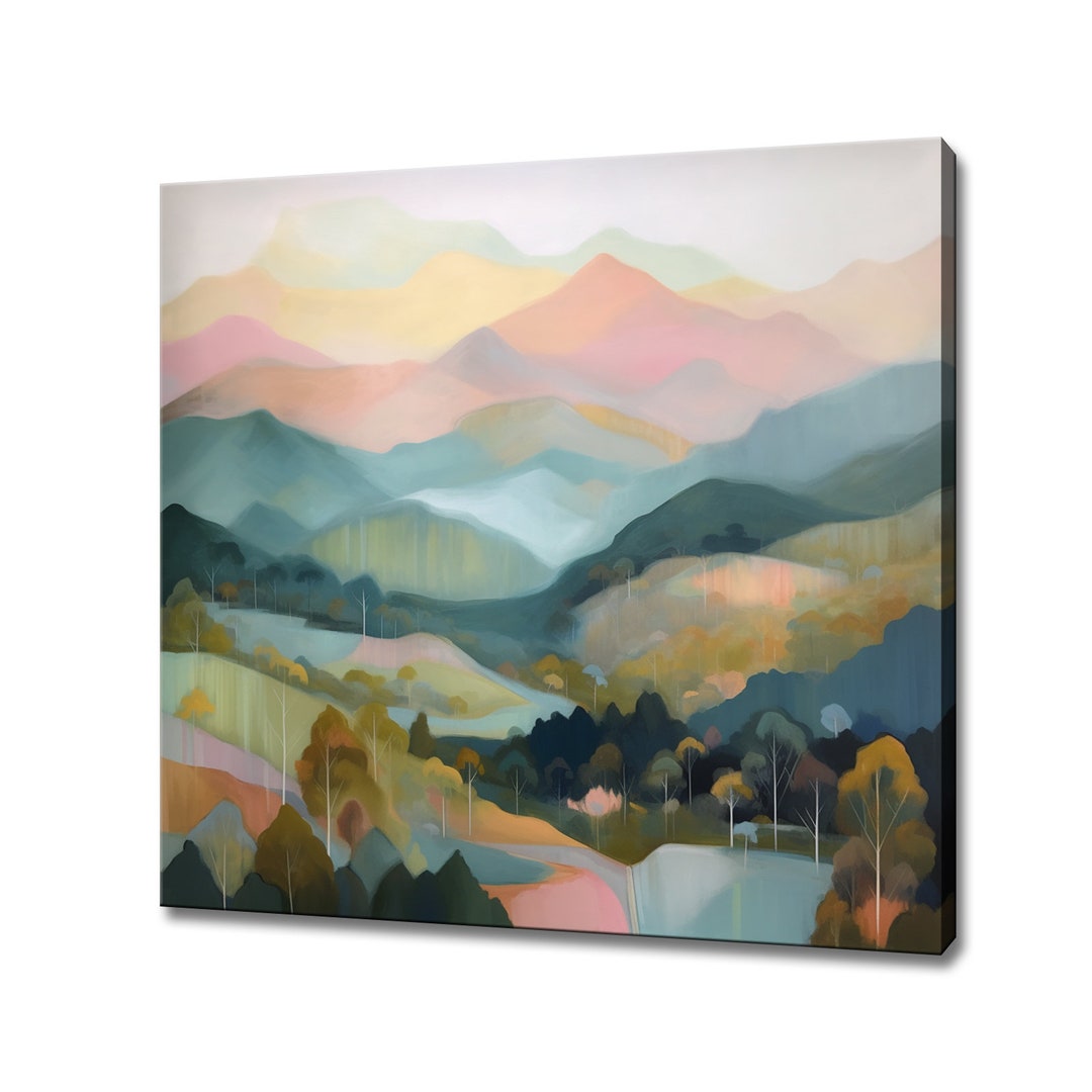 Abstract Mountains Valley Painting Style Canvas Print, Pastel Coloured ...