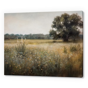 Vintage Spring Flowers Meadow Landscape, Antique Countryside Print, Moody Painting Canvas Print, Living Room Wall Art, Farmhouse Decor