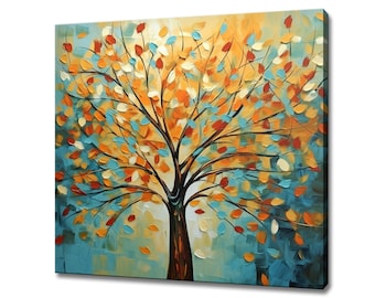 Abstract Colourful Autumn Leaves Tree Oil Painting Style Canvas Print, Landscape Art, Large Wall Art Print, Nature Picture Wall Hanging
