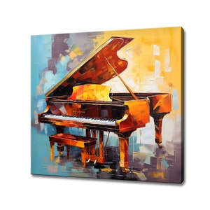 Op de afbeelding: Een levendig schilderij van een vleugel met een bank. De piano heeft een rijke bruine kleur met een glanzende afwerking, tegen een achtergrond van blauwe, gele en oranje penseelstreken. De toetsen zijn wit en zwart.