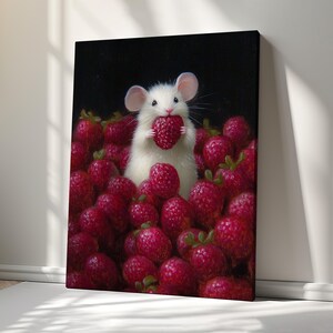 May include: A white mouse with large ears and pink accents on its nose and ears, holding a bright red raspberry in its front paws. The mouse is surrounded by a dense pile of numerous red raspberries against a solid black background.
