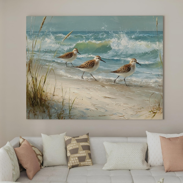 Shorebirds Beach Canvas Print Wall Art – Coastal Seaside Bird Painting