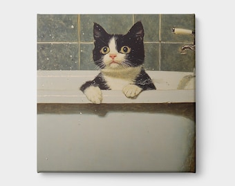 Cat in Bathtub Canvas Print Art - Cute Kitten Wall Decor for Home, Pet Lover Gift, Modern Animal Painting, Nursery or Bedroom Decoration