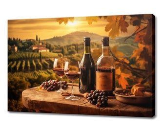 Vintage Bottles Of Wine With Grapes Tuscany Winery Sunset Canvas Print, Wine Lover Gift, Kitchen Restaurant Wall Art Print, Wine Wall Decor
