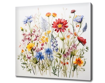 May include: A watercolor painting of a bouquet of colorful wildflowers. The flowers are arranged in a loose, natural style and include red, yellow, blue, and pink blooms. The background is a soft white.