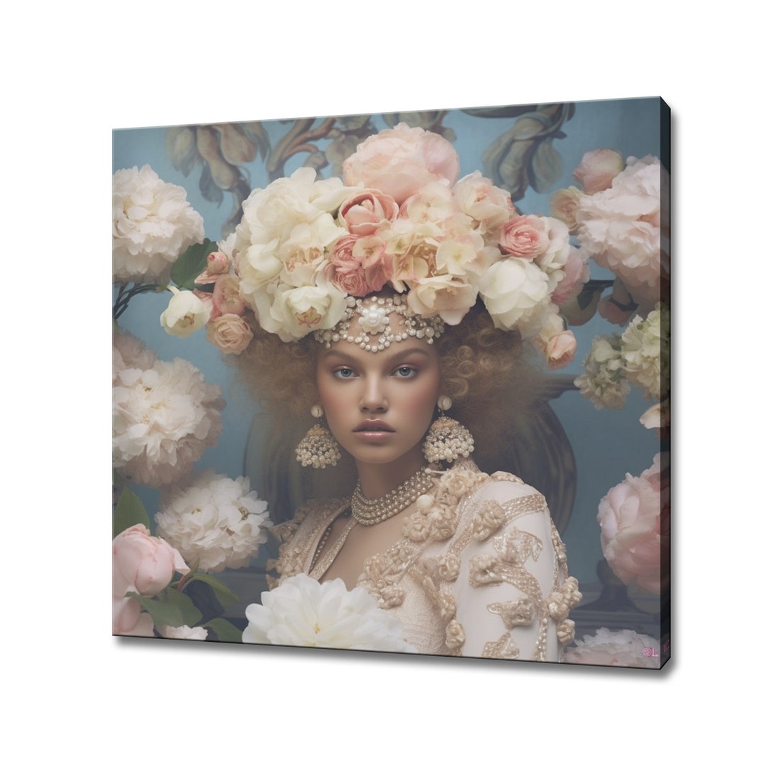 Cream Pink Flowers Head Woman Canvas Print, Female Floral Portrait ...
