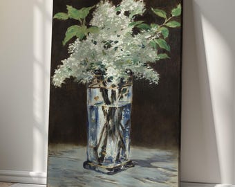 May include: A painting of a bouquet of white lilac flowers in a blue and white vase. The vase is decorated with a floral pattern. The background is a dark brown.