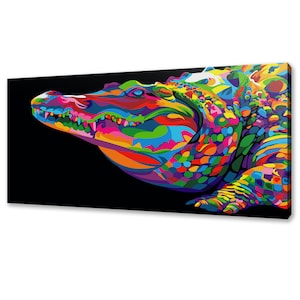May include: A colourful abstract painting of an alligator against a black background. The alligator is depicted in a pop art style with bright colours and bold lines.