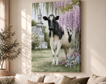Wisteria Farmhouse Cow Canvas Print, New England Summer Garden Wall Art