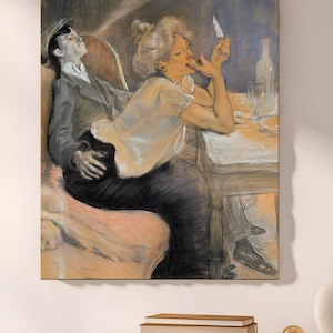 May include: A pastel artwork showing a man and woman at a table. The woman, in a white blouse and black skirt, holds a cigarette. The man, in a suit and hat, leans back. A bottle and glass are on the table. The color palette is muted.