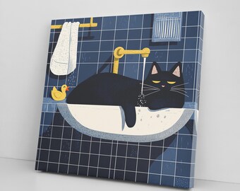 Black Cat in Basin Canvas Print Art - Cute Kitten Wall Decor for Home, Pet Lover Gift, Modern Animal Painting, Nursery or Bedroom Decoration