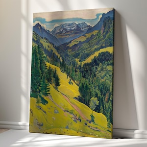 May include: A painting depicting a mountain valley with a winding path leading up to the peaks. The mountains are covered in snow and the valley is filled with lush green trees. The sky is a bright blue with fluffy white clouds.