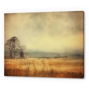 Vintage Country Autumn Fields Landscape, Antique Countryside Print, Moody Painting Canvas Print, Living Room Wall Art, Farmhouse Decor Art