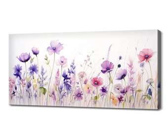 May include: Watercolor painting of a field of purple, pink, and white wildflowers. The flowers are painted in a soft, delicate style, and the background is a light blue.